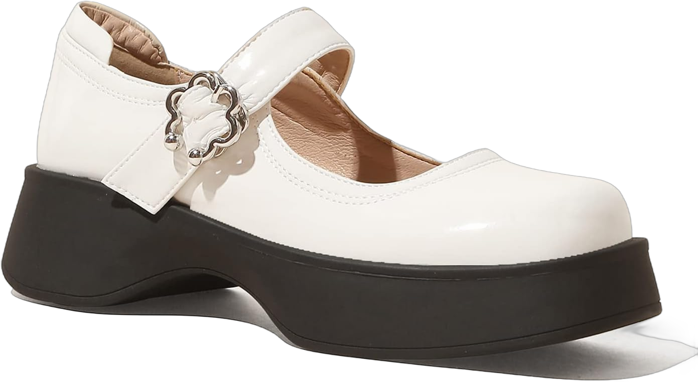 FOWT Women Platform Chunky Heel Mary Jane Shoes Chic Synthetic Patent Leather Square Toe Buckle Ankle Strap Mid Thick Heel Flats Comfort Uniform Daily Dress Shallow Shoes, Apricot US Size 4-11 M 6 White