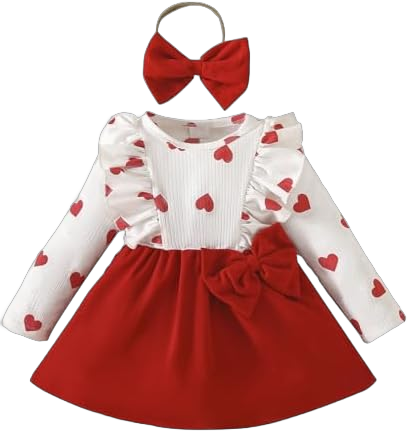 Girl Long Sleeve Shirt Toddler Baby Girl Valentines Day Outfit Heart Ruffle Long Sleeve Dress +Headband Fall 18-24 Months Red