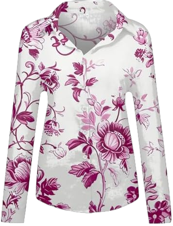 Generic Women's Shirts Floral Print Button Down Shirt Lightweight Long Sleeve Blouse Spring V Neck T Shirts Tunics 2-hot Pink 4X-Large