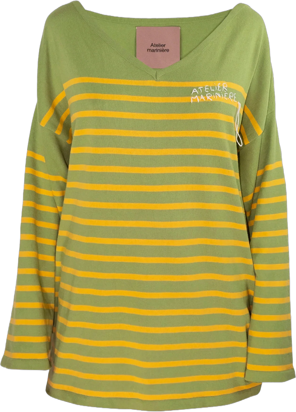 Women's Striped Breton Shirt - 100% Organic Cotton - V-Neck - Green / Mango Stripes