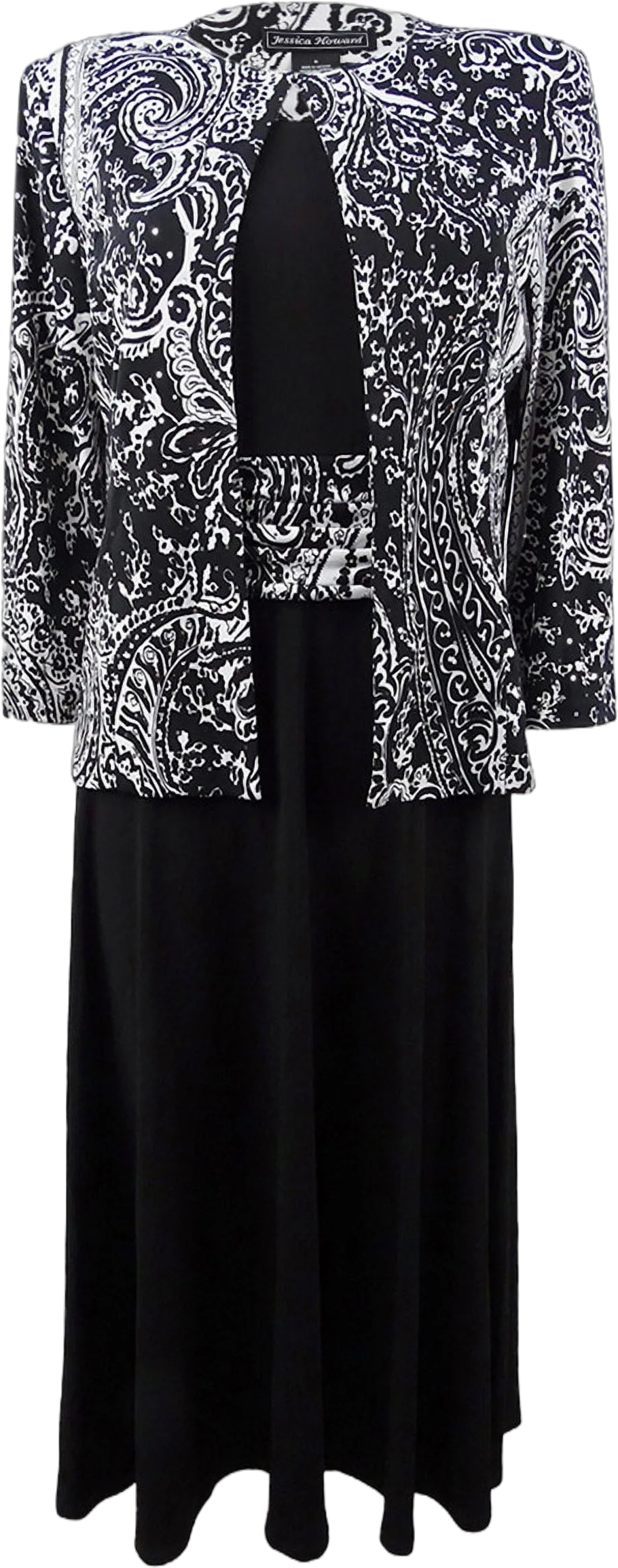 Jessica Howard Women's Fit & Flare Midi Dress & Printed Jacket (4P, Black/Ivory)