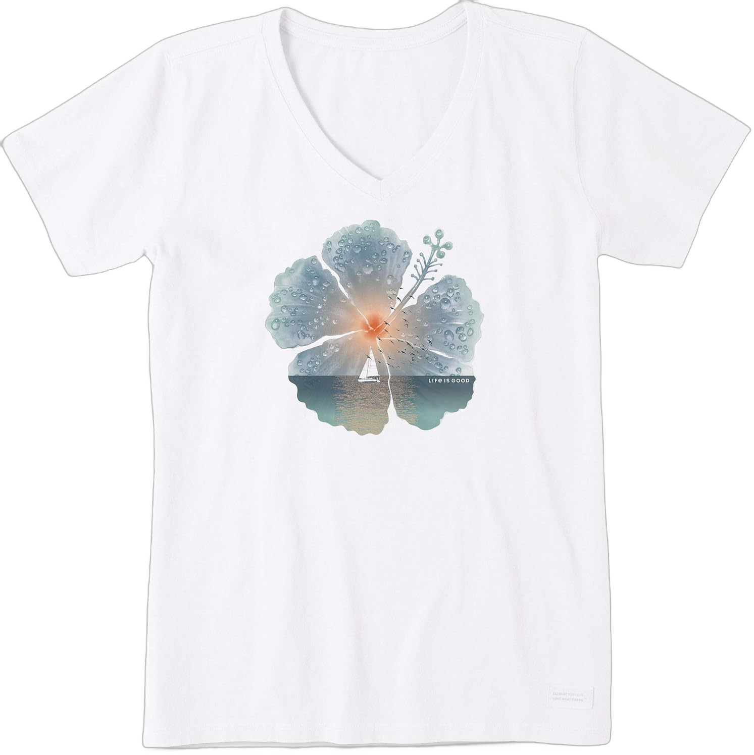 Life is Good Women's Crusher Tee, Short Sleeve Cotton Graphic T-Shirts, Hibiscus Sail Flower Small Cloud White