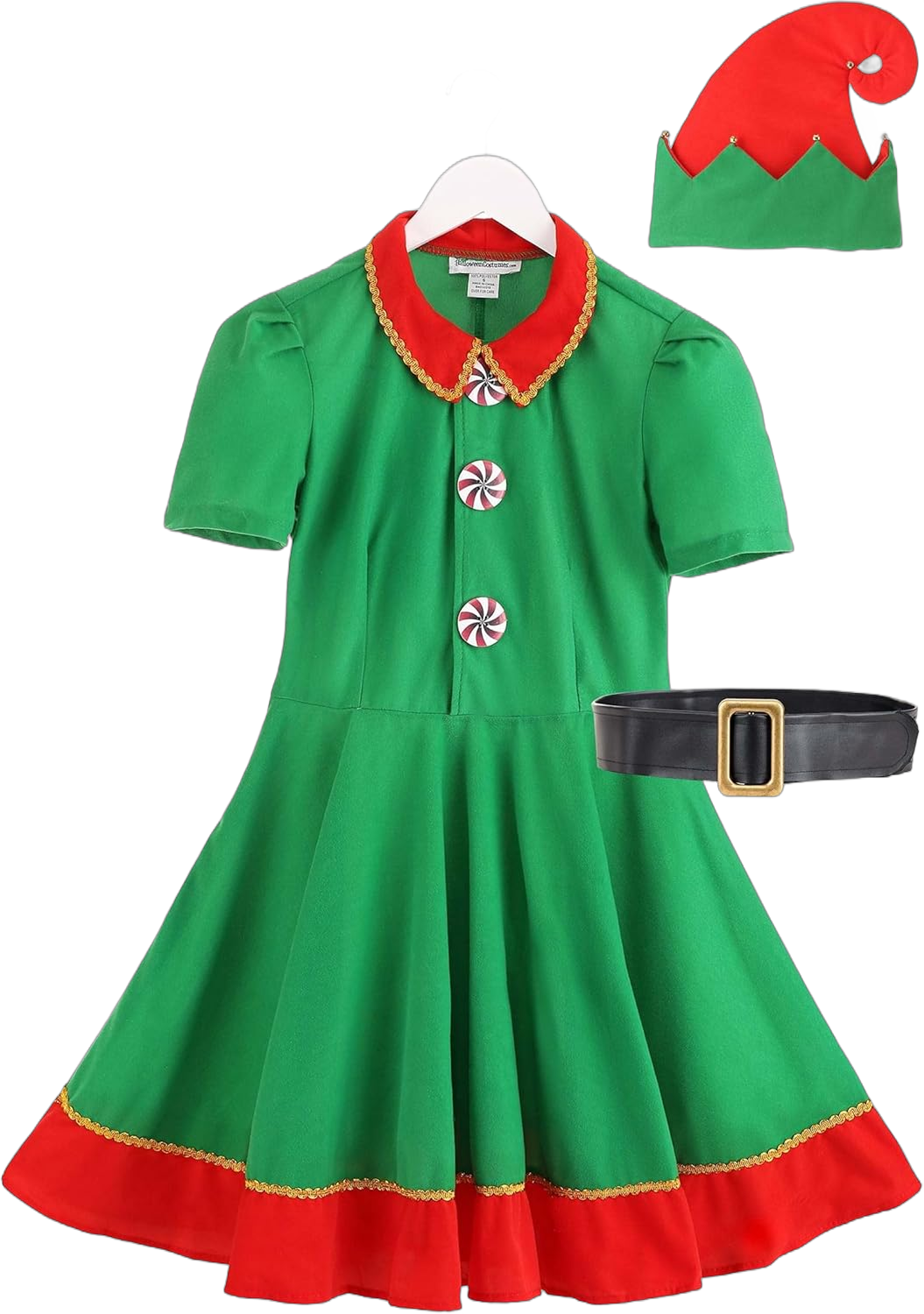 Adult Holiday Elf Costume, Women's Elf Outfit with Elf Dress, Hat, and Belt, Christmas Costume for Women Large Costume