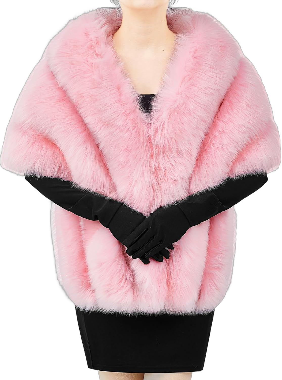 Zhanmai Winter Faux Fur Long Shawl Cloak Stretchy Satin Glove Opera Bridal Dance Gloves for Women Wedding Dress Party Coat Standard Pink