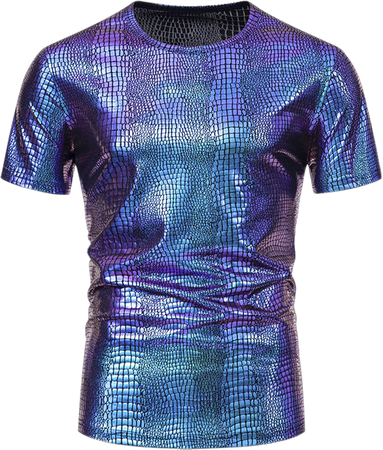 Lars Amadeus Metallic T-Shirt for Men's Crocodile-Pattern Short Sleeves Disco Party Animal Printed Tee Tops X-Large Purple Blue