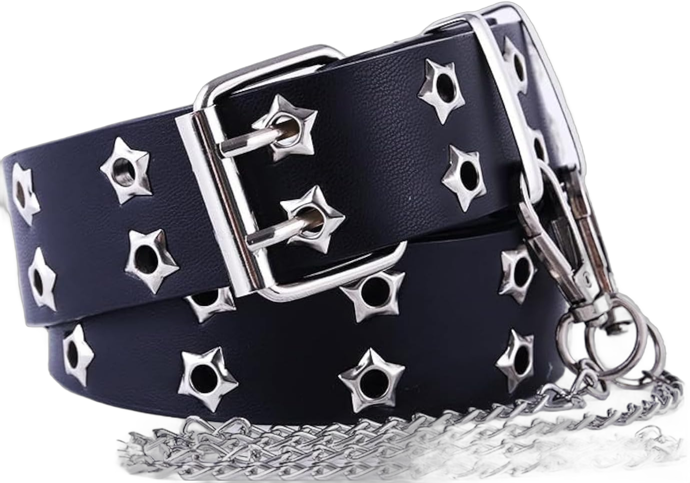 Black Punk Belt PU Leather Studded Holes Star Belt for Jeans unisex