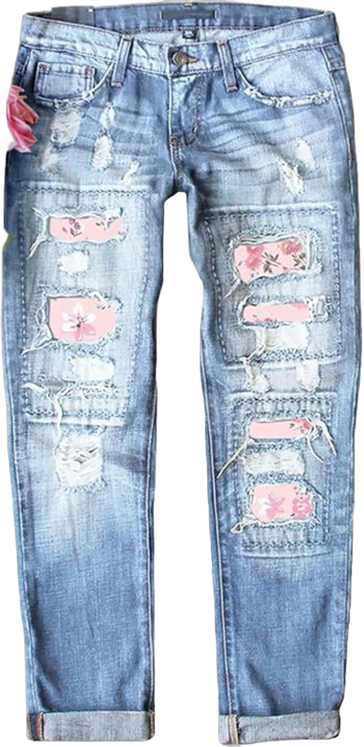 Women Casual Ripped Jeans Floral Print Patched Stretch Mid-Rise Straight Leg Denim Pants Distressed Washed Jeans with Pockets 4X-Large Type - B