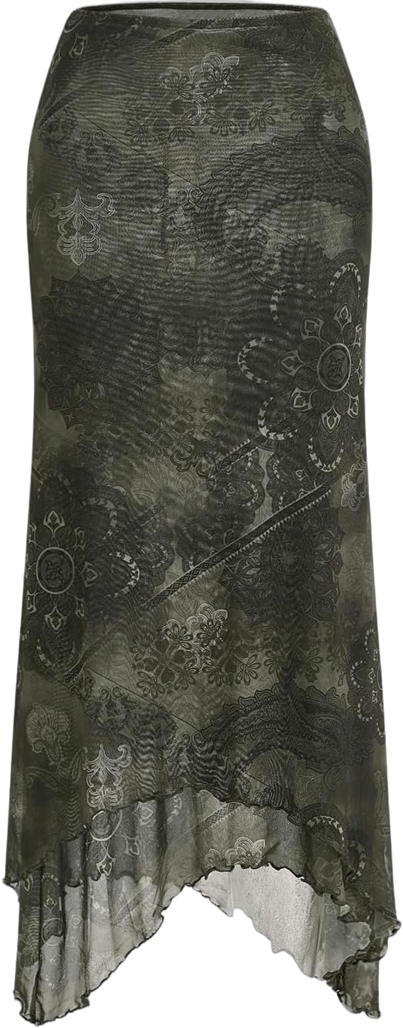 Verdusa Women's Floral Print Mesh Asymmetrical Hem Midi Skirt High Waist Casual Long Skirts Medium Army Green