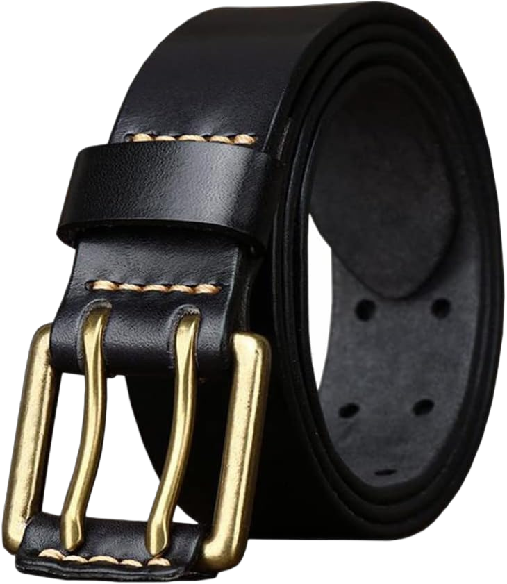 Mens Double Prong Leather Belt Solid Brass Buckle Casual Work Waistband for Jeans Pants Black Fits waist 39-42 inch