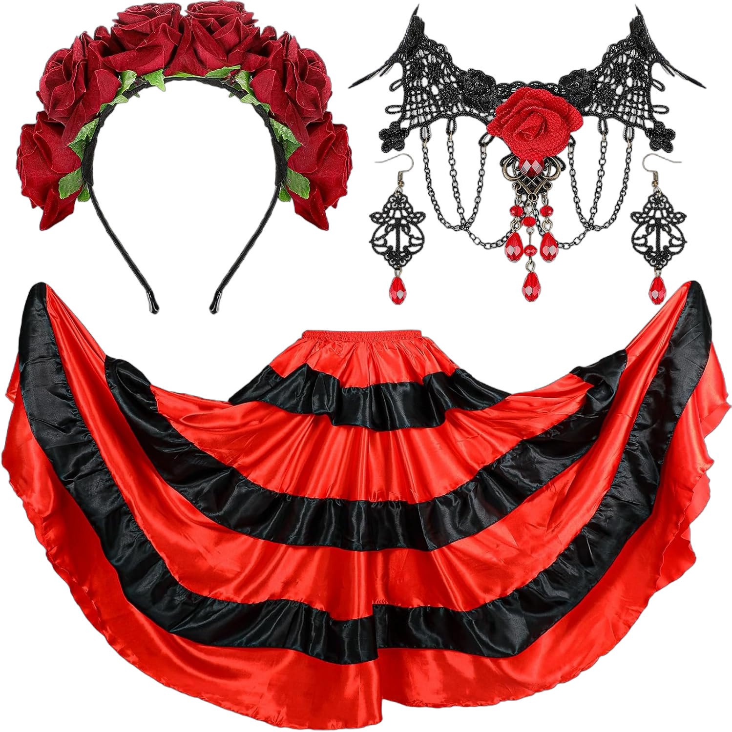 Panitay 4 Pcs Day of the Dead Mexican Costume for Women, Mexican Flower Crown Headband Red Black Layers Long Skirt Flamenco Dress Rose Lace Gothic Pendant Choker Necklace Earrings for Halloween