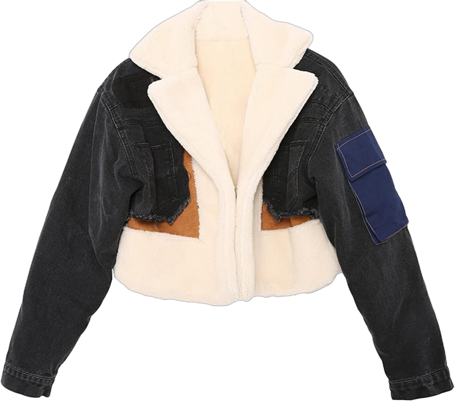 JEsilunmaMY Women's Patchwork Denim Jacket Long Sleeve Lapel Cardigan Coat Winter Fleece Thicken Lamb Wool Cotton Jackets