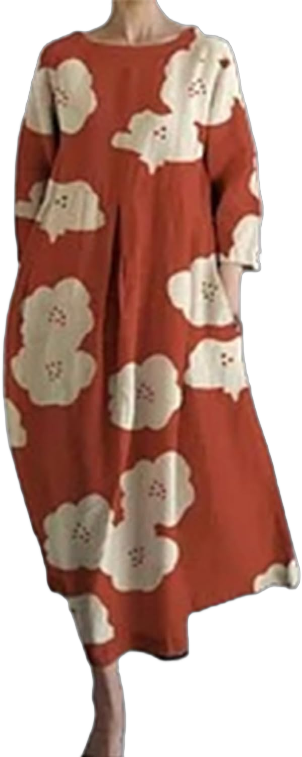 Boho Floral Maxi Dress for Womens Cotton Long Sleeve Dresses Flowy Casual Long Dress 3X-Large Red Brown