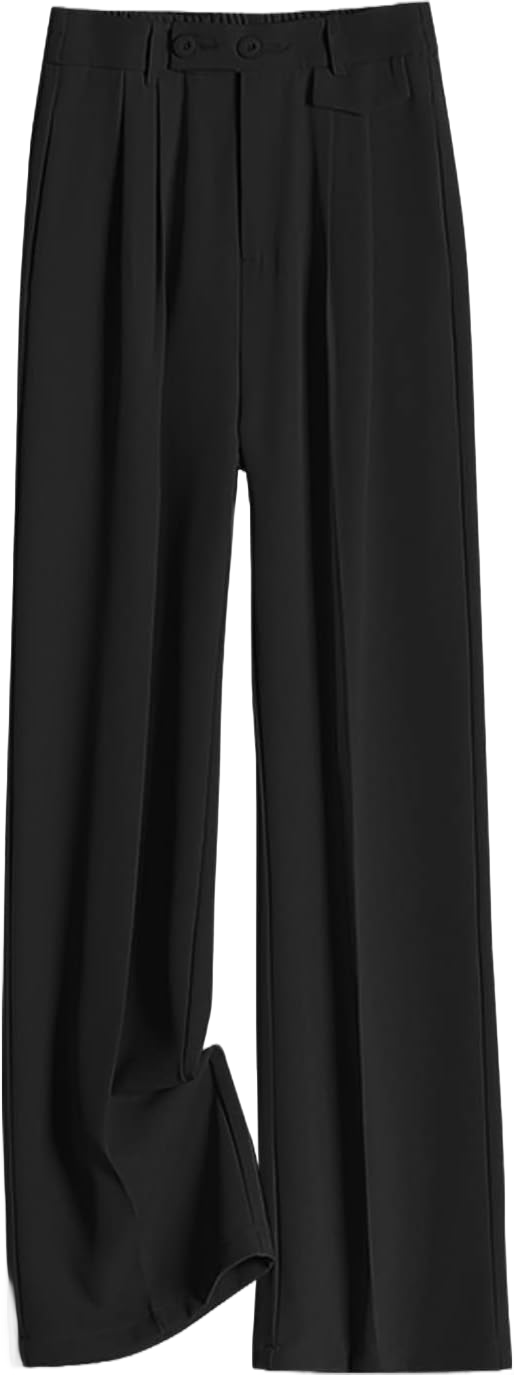 Snoly Women's Spring Summer Wide Leg Suit Trousers Full Length High Waist Drape Loose Straight Casual Pants Regular Medium Black