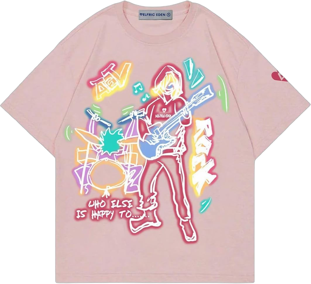 Aelfric Eden Graphic Tees Men Y2k Oversized T Shirts Women Hip Hop Character Vintage Tees Unisex Summer Tops X-Large Pink