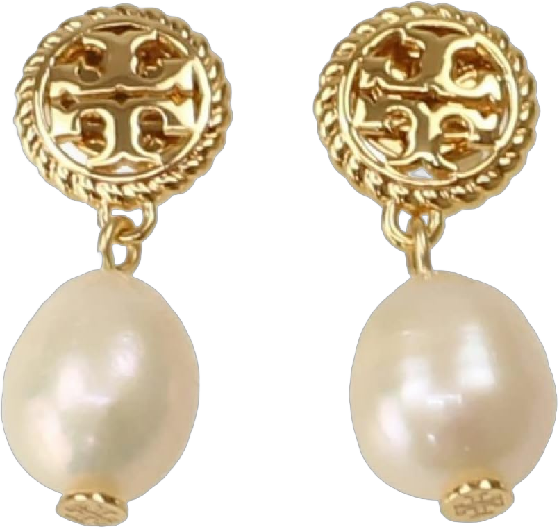 Tory Burch 136616 Tory Gold Tone Pearl Drop Rope Logo Women's Drop Dangle Earrings