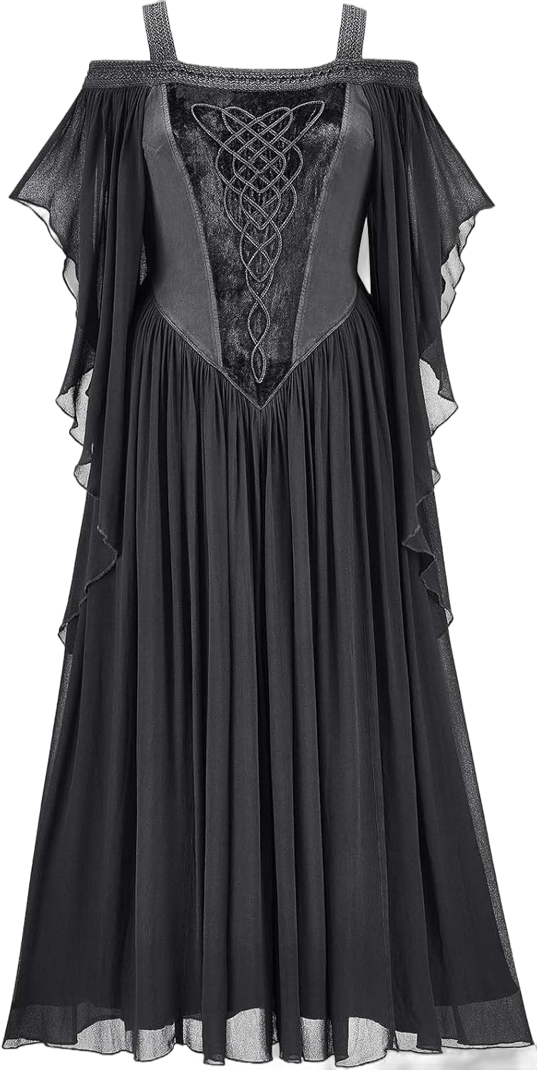 Womens Plus Size Witch Costume Lighting Deal's Medieval Dresses for Women Renaissance Court Cold Shoulder Lace Dresses Medieval Vintage Dresses Cosplay Ball Gowns Black