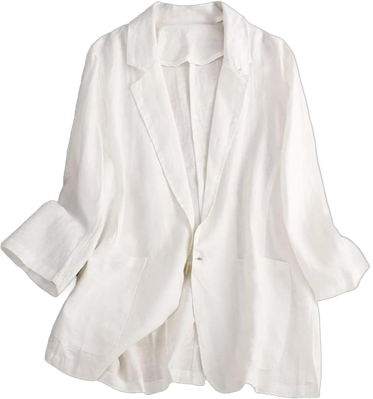 Cotton Linen Blazer Women 3/4 Sleeve Suit Jackets for Work Business Casual Lightweight Jacket Tops Large White