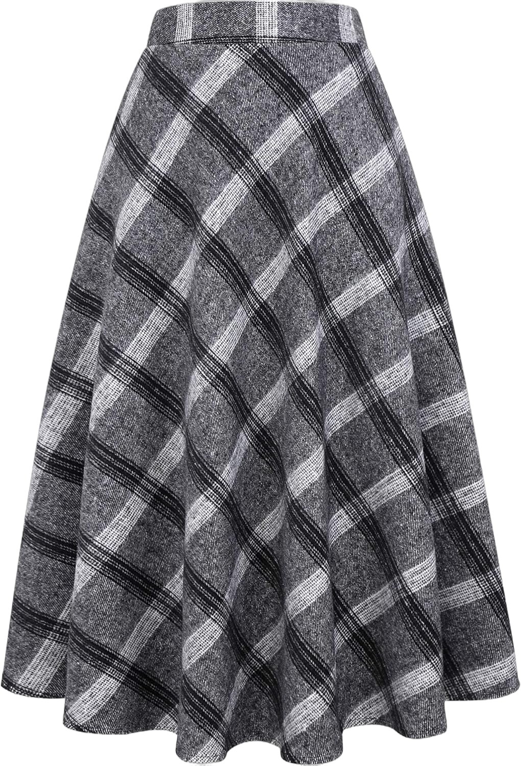 Long Plaid Wool Skirt for Womens Winter Fall Warm High Elastic Waist A line Flared Pleated Wool Tartan Skirts Grey Medium