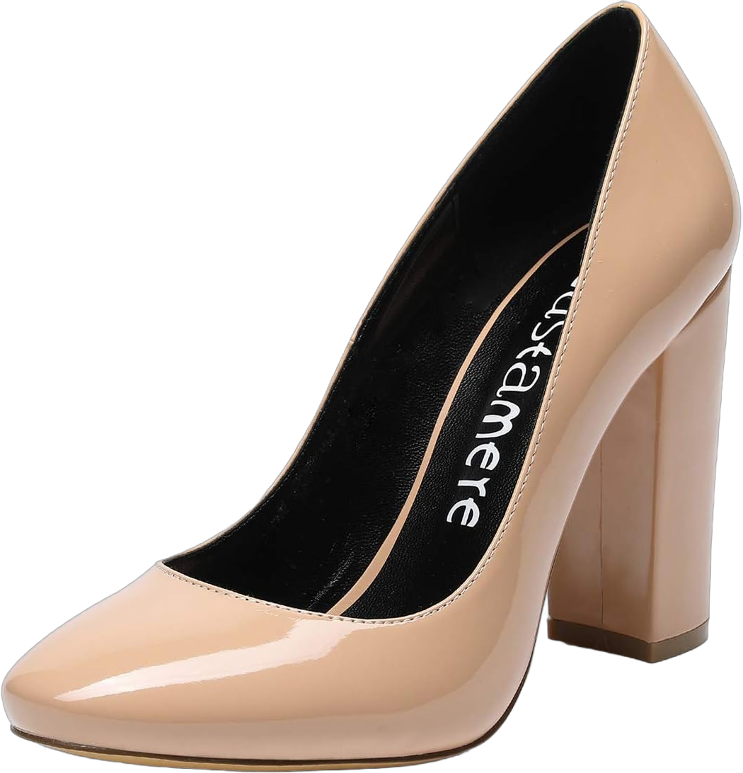Castamere Women's High Block Heel Pumps Slip On Classic Round Toe Heels Wedding Party Dress Office Shoes 10CM 7 M Patent Nude