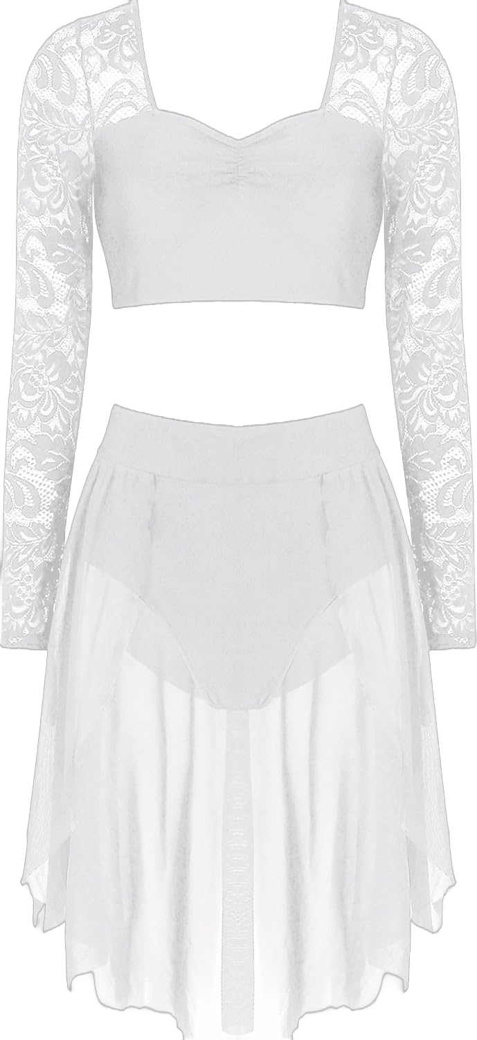 Women 2 Pieces Lyrical Contemporary Dance Costume Ballet Crop Top Dance Dress Outfits Asymmetric Dancewear White Medium