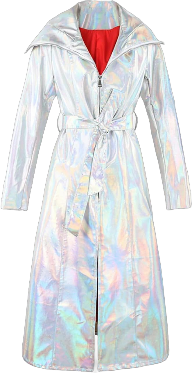 Women Shiny Reflective Leather Extra Long Trenchcoat Silver Holographic PU Leather Hooded Rain Coat Medium Silver