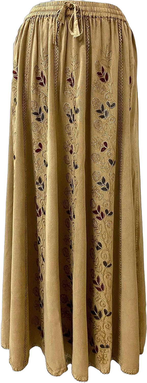 Agan Traders Women's 2024 Fall A Line Flared Floral Embroidered Panel Flowy High Waisted Maxi Skirt Large-X-Large Camel C