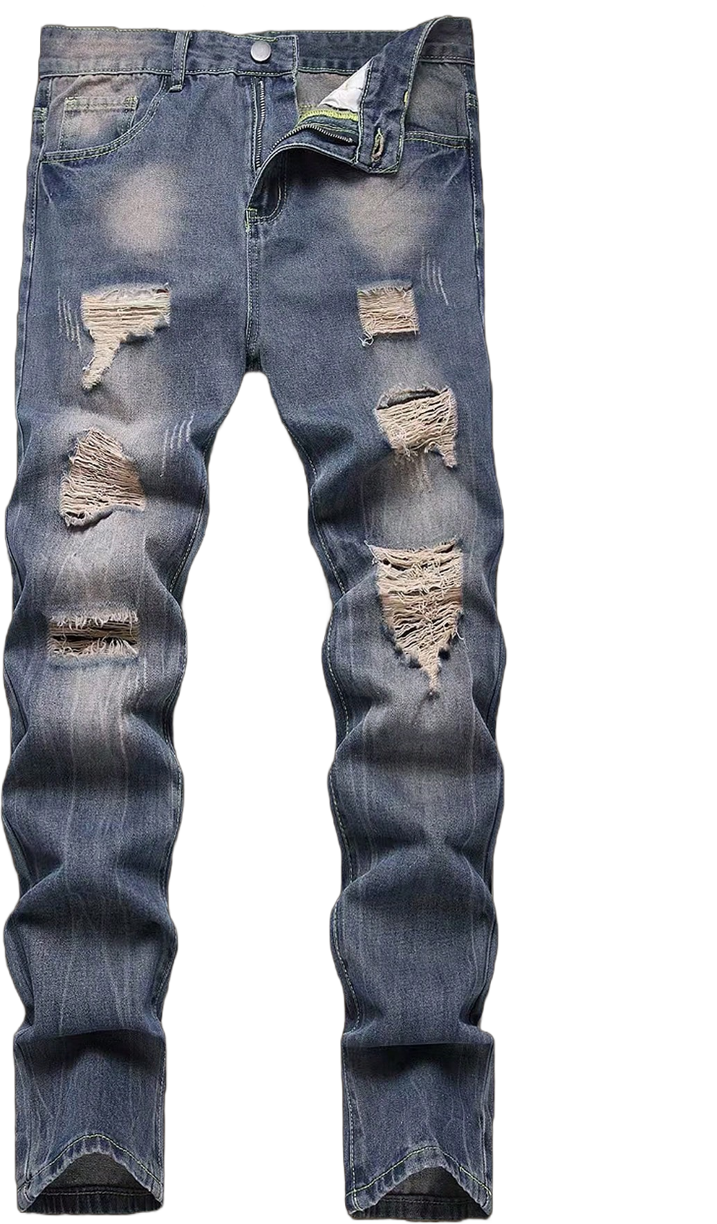 1pc Casual Men Blue Distressed Denim Pants, Streetwear Style Breathable Thicken Denim Trousers For Walking, Hanging, Outdoor Activities And Parenting