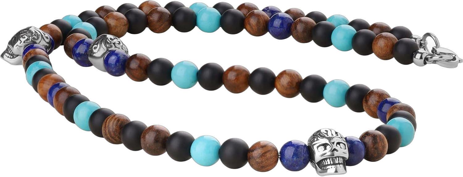 COAI Matte Onyx Synthetic Turquoise Lapis Lazuli Wood Beads Skull Necklace for Men 24" Onyx & lapis lazuli & Turquoise & Wood