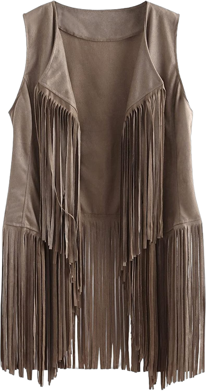 Women Suede Sleeveless Vest Hippie Open Front Loose Vest Fringe 70s Vintage Vest Tassel Cowgirl Western Costume Beige S