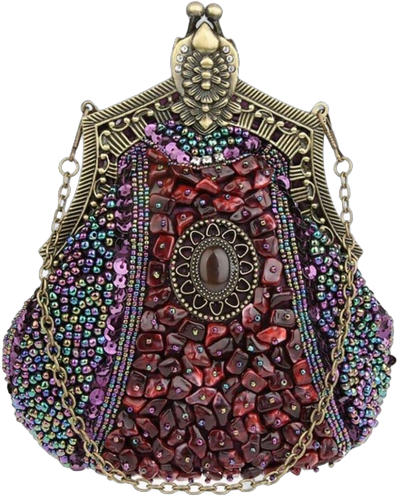 Women's Antique Beaded Party Clutch Vintage Purse Evening Handbag Purple