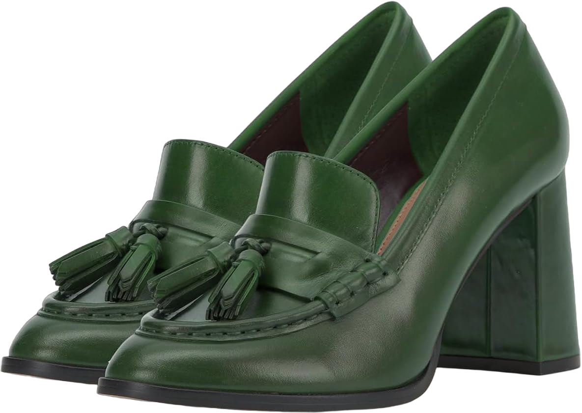 MOOMMO Women Chunky Block High Heel Tassel Loafers Pumps Round Closed Toe Slip On Dress Loafers Shoes Fringe 3 Inch Heels Office Shoes Matte Leather for Ladies Formal Work Wedding Party 4-11 M US 6 Matte Green