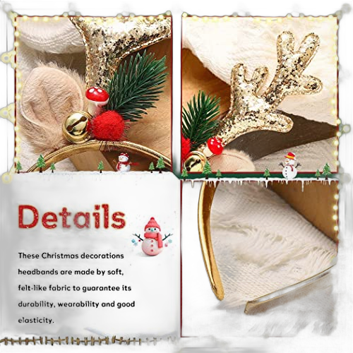 JEAIRTS Christmas Reindeer Antlers Headband Sequin Antler Ears Xmas Hair Band Cute Holiday Headbands Accessories for Women (1-Gold)