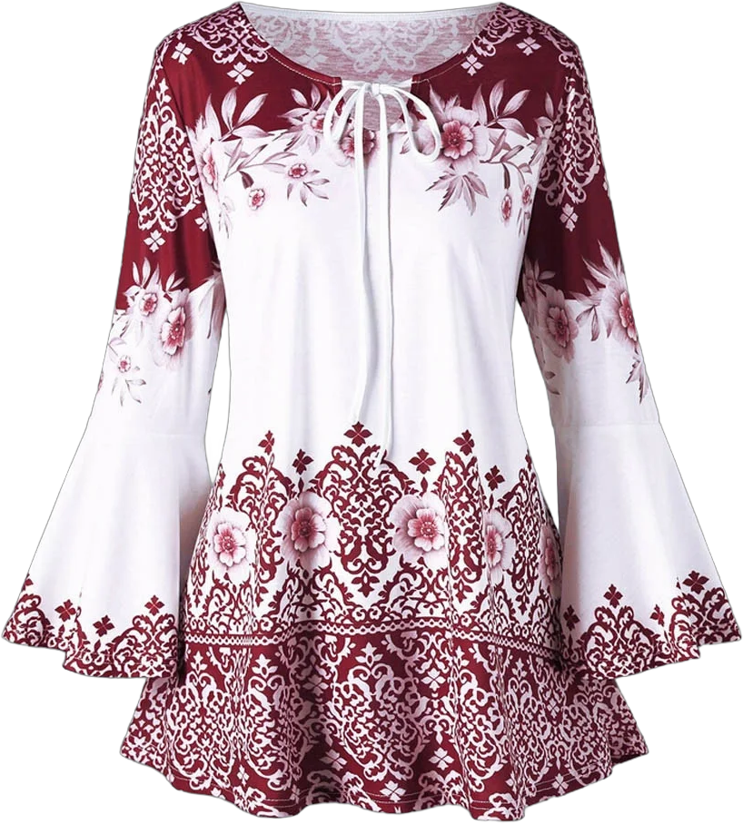 Chiccall Plus Size Tops for Women Ethnic Floral Bell Sleeve Keyhole Tshirts Flare Long Sleeve Shirts Casual Loose Boho Tunic Blouses on Clearance