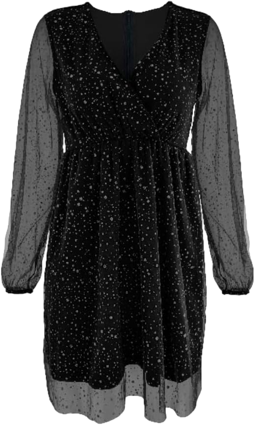Women's Sequins Mini Dress Lantern Long Sleeve V Neck Mesh Patchwork Glitter Cocktail Party Short Dress Dance Dress X-Large Black