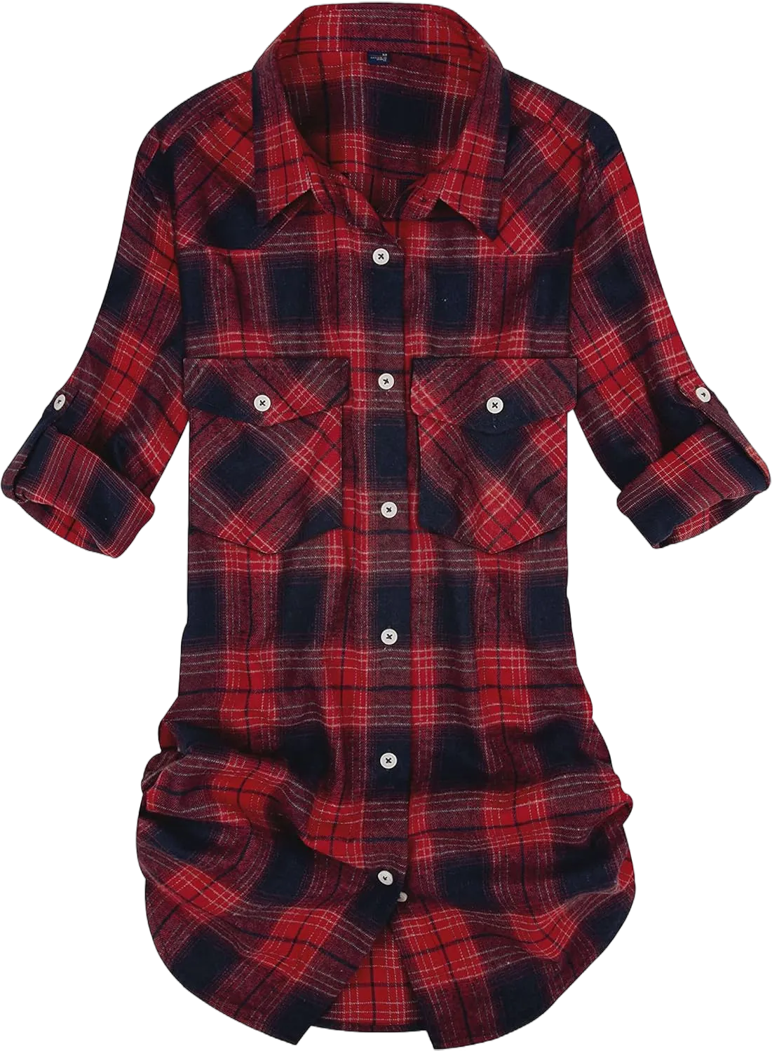 Alimens & Gentle Womens Plaid Flannel Shirts Long Sleeve Roll Up Casual Button Down Shirt Red Navy Blue Large