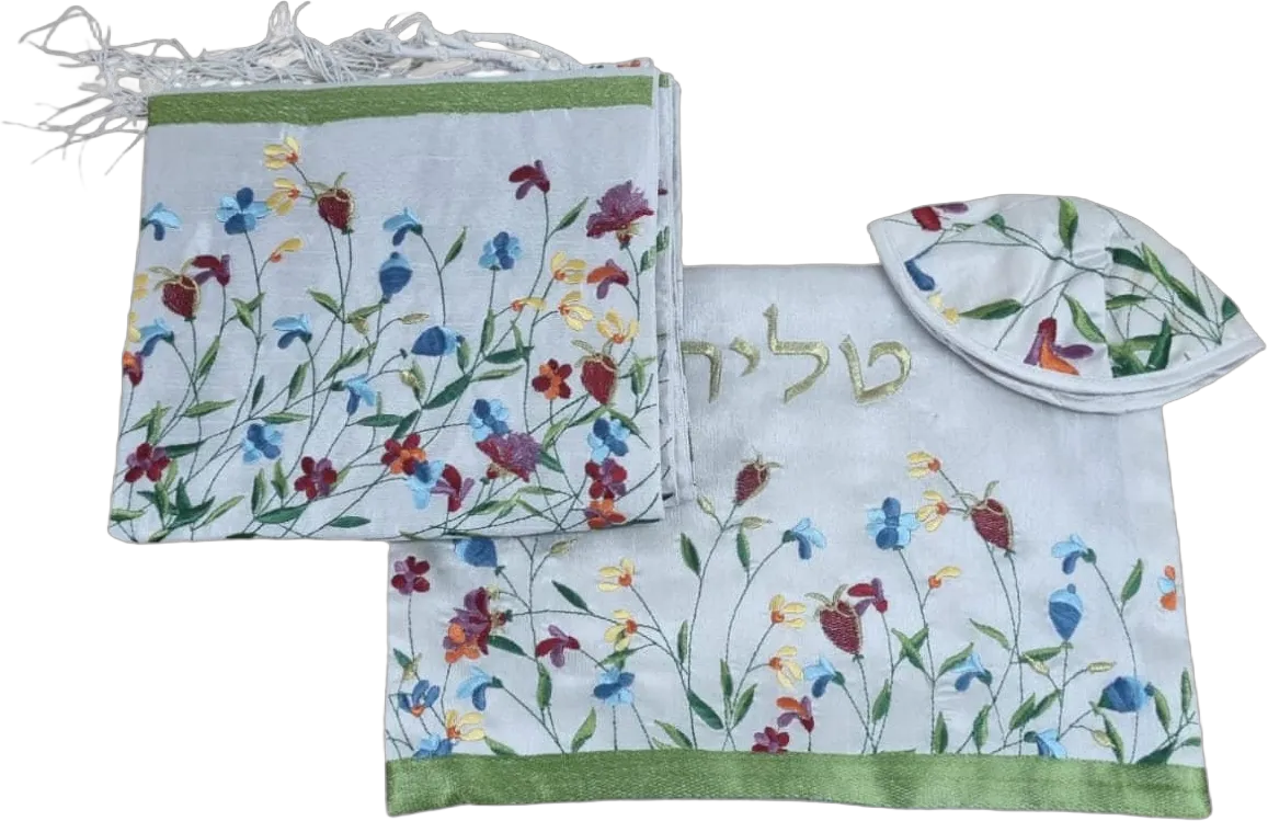 Tallit For women Girl Traditional Jewish Prayer Shawl Embroidered With flowers 100% Kosher from Israel include bag kippah Bat Mitzvah Cream