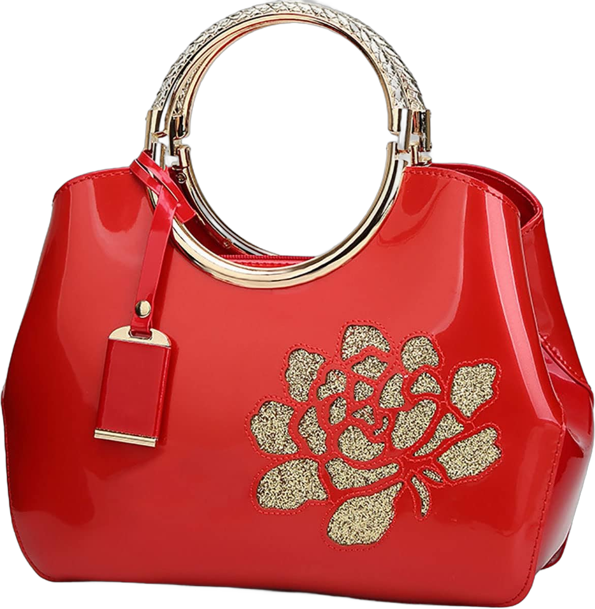 Women Handbag Patent Leather Flower Pattern Satchel Charm Glossy Purse Metal Grip Structured Shoulder Bag Red