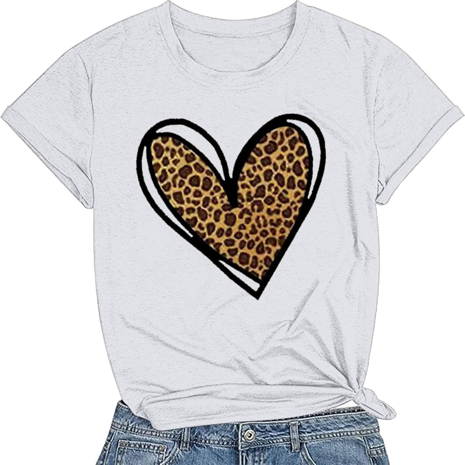 D-82 White Ladies Leopard Heart Lover Print Tshirts Crewneck Tee Tops for Women Short Sleeve Happy Gift Valentines Brunch Plain Fall Summer Tee Shirt 2025 ZI M