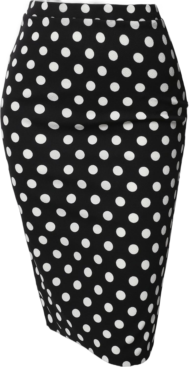 Women's Fitted Stretch Printed High Waist Midi Pencil Skirt 3XL (Plus) Aawskm0001 Black White Polka