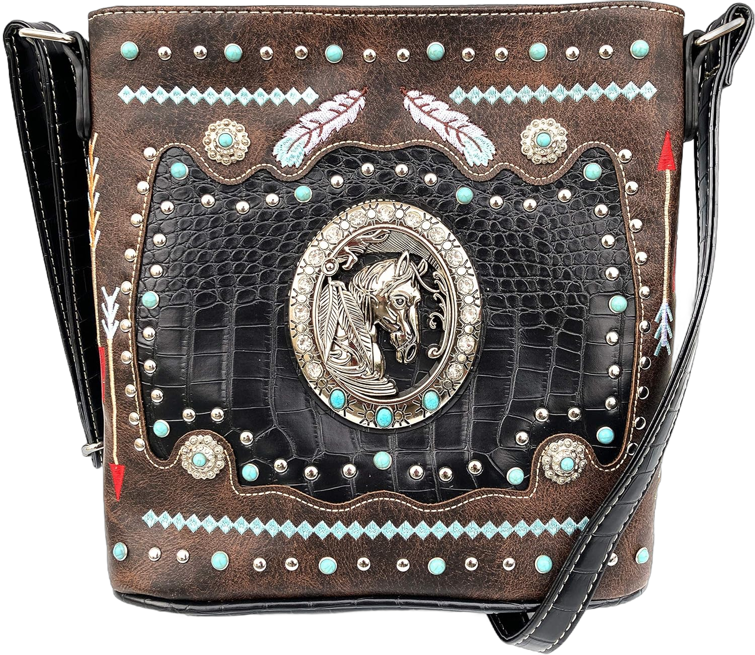 Zelris Western Horse Embroidered Feathers Turquoise PU Leather Concealed Carry Women Crossbody Bag Brown