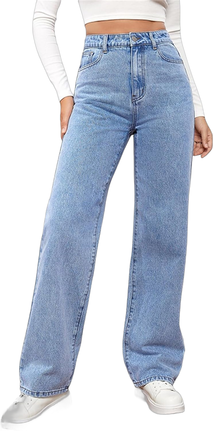 Jeans for Women High Waist Long Straight Leg Denim Pant Casual Baggy Regular Fit Jeans Stretchy Trousers with Pockets Large Light Blue