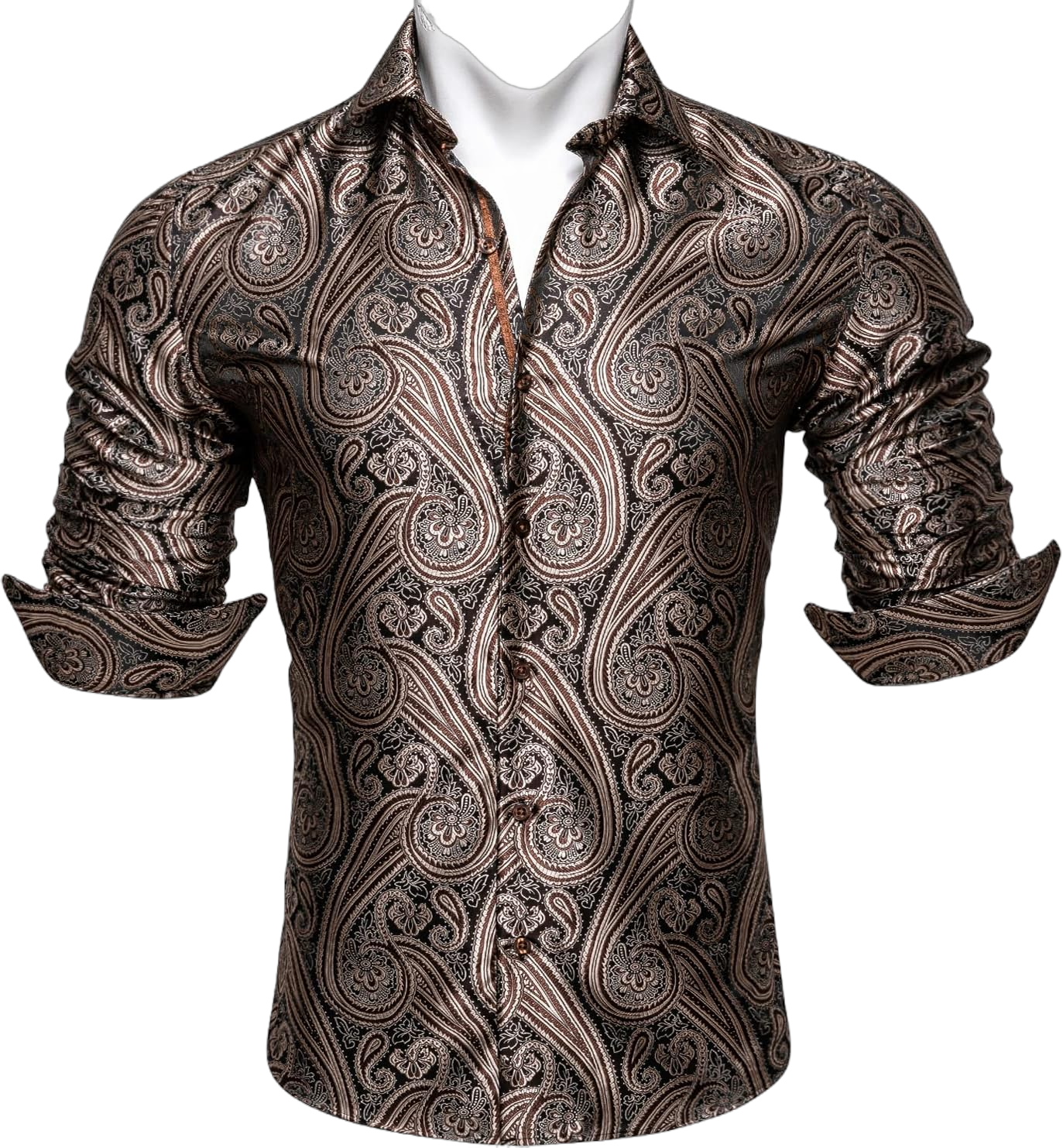 Barry.Wang Men's Dress Shirt Paisley Silk Long Sleeve Button Down Shirts Formal Wedding Regular Fit Tops Disco Party Khaki Brown