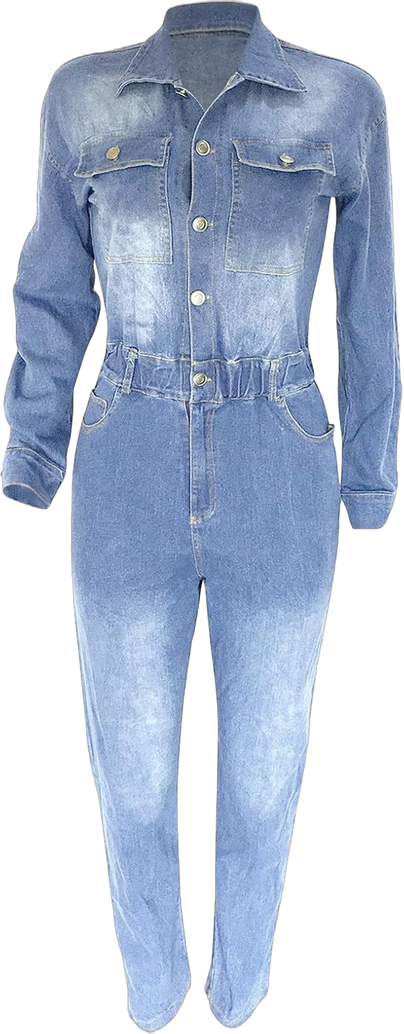 hlysgo Women's Sexy Button Down Slim Fit V Neck Long Sleeve Denim Jumpsuit Fashion Lapel Full Length Jeans Rompers Overalls Small 01 Blue