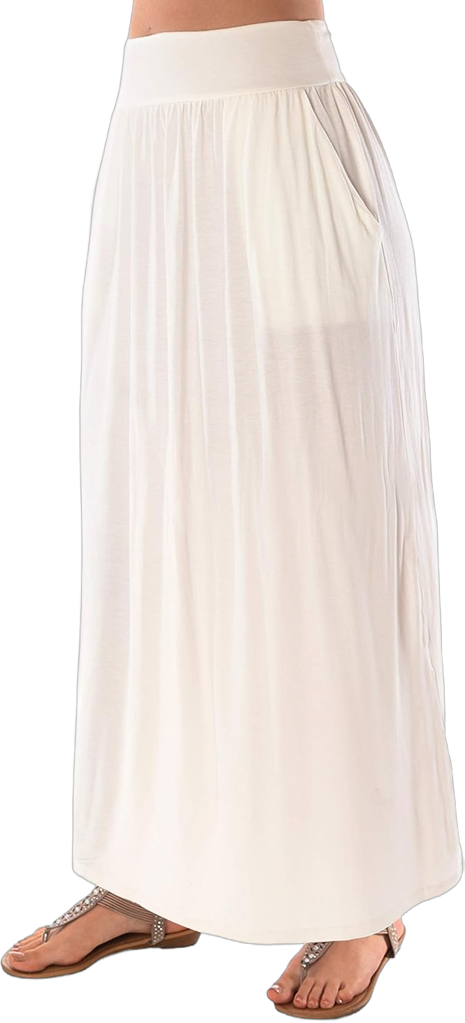 DFF Shop Women's High Waist Shirring Maxi Skirt with Pockets (Size: S - 5X) Medium Ivory