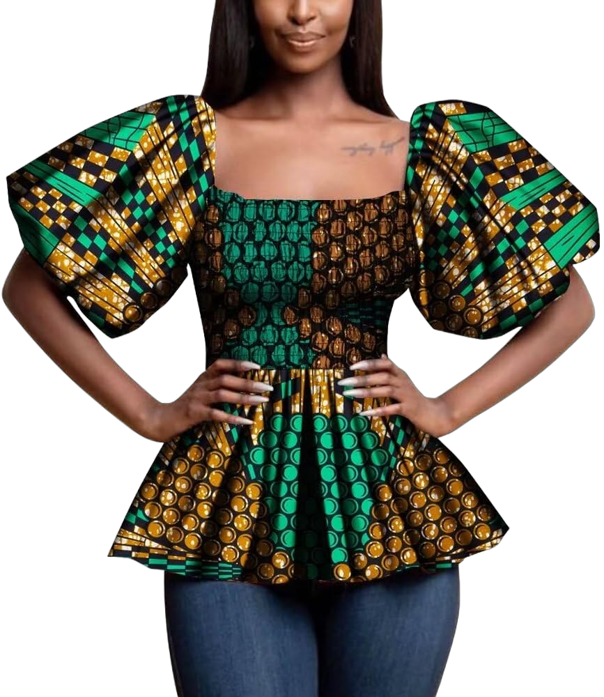 Kente African Blouse for Women Boho African Print Top Ankara Shirt Lantern Sleeve Swing Tunic Top Medium T5