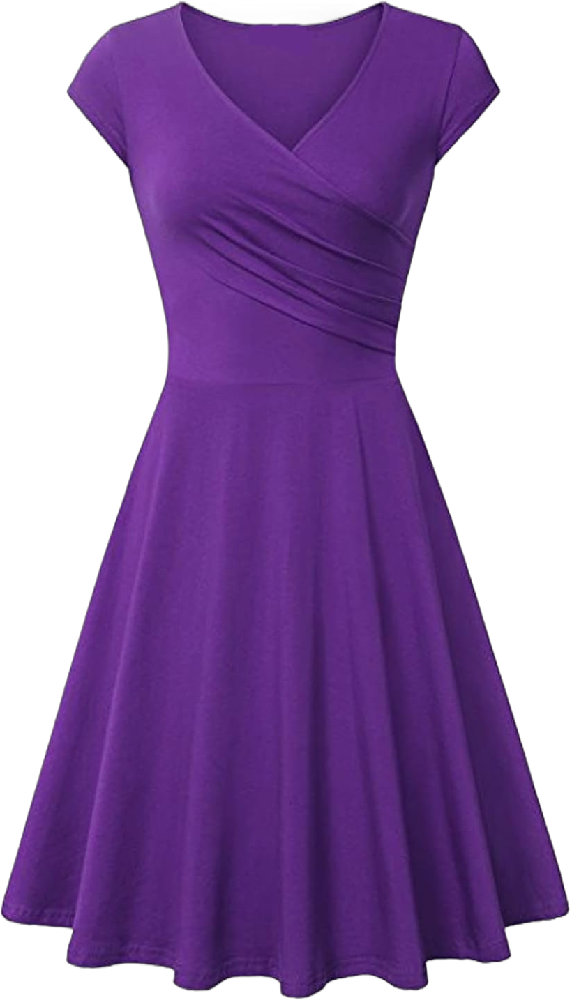 Women's Summer 1950s Vintage Dress Cocktail Swing A-Line Flared Midi Dress Wrap V Neck Cap Sleeve Slim Ruched Dresses Small Purple