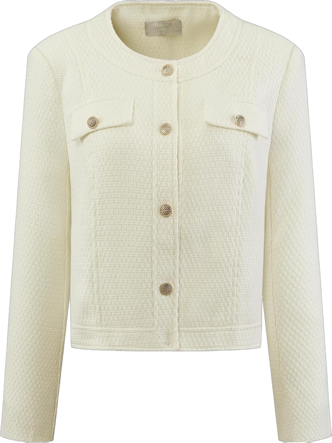 Women's Crop Blazer Collarless Button Front Tweed Jacket for Women X-Large Cream White