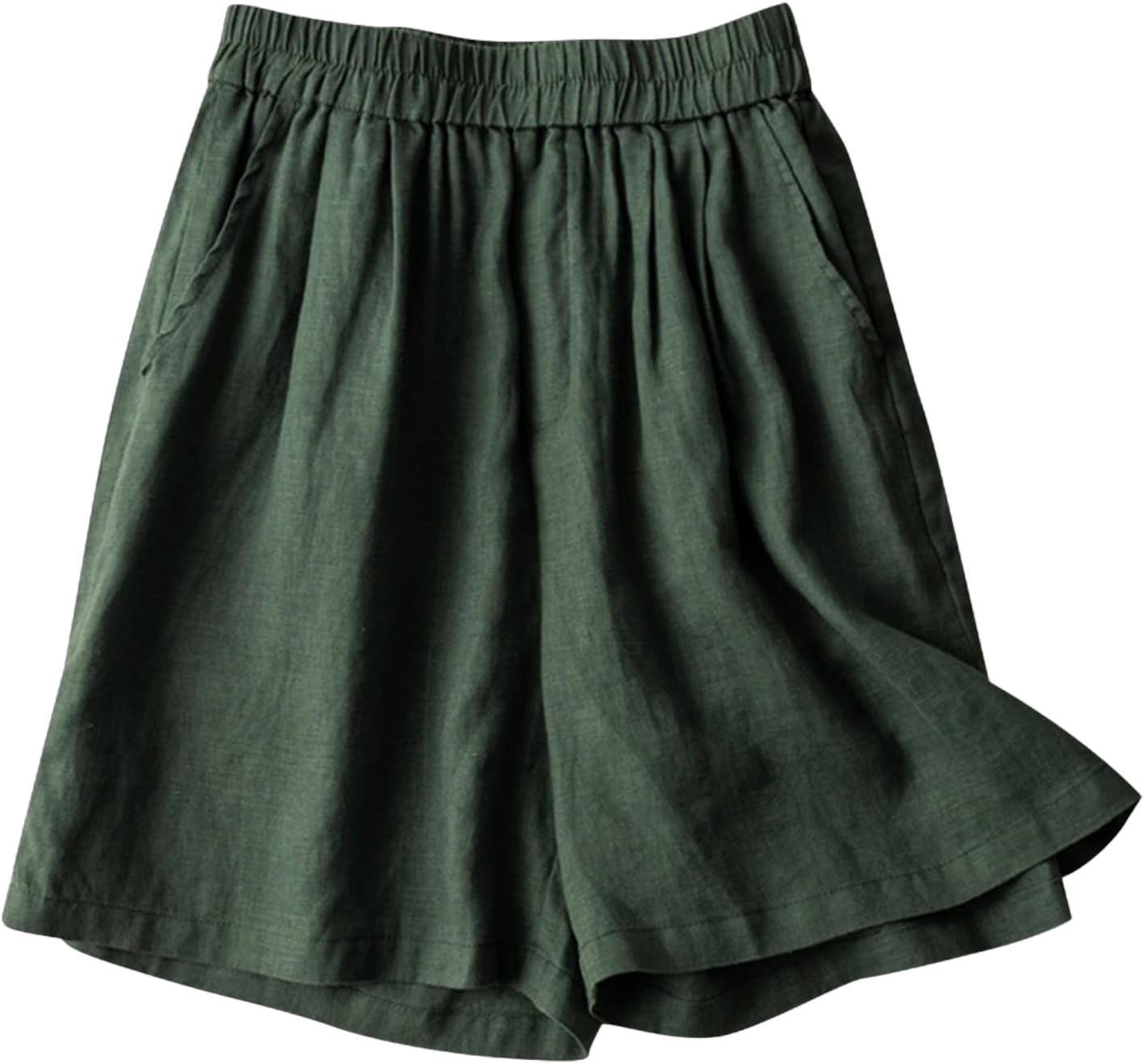 Women's Casual Bermuda Shorts Elastic Waist Cotton Linen Shorts with Pockets Summer Wide Leg Loose Solid Color Shorts Medium Green