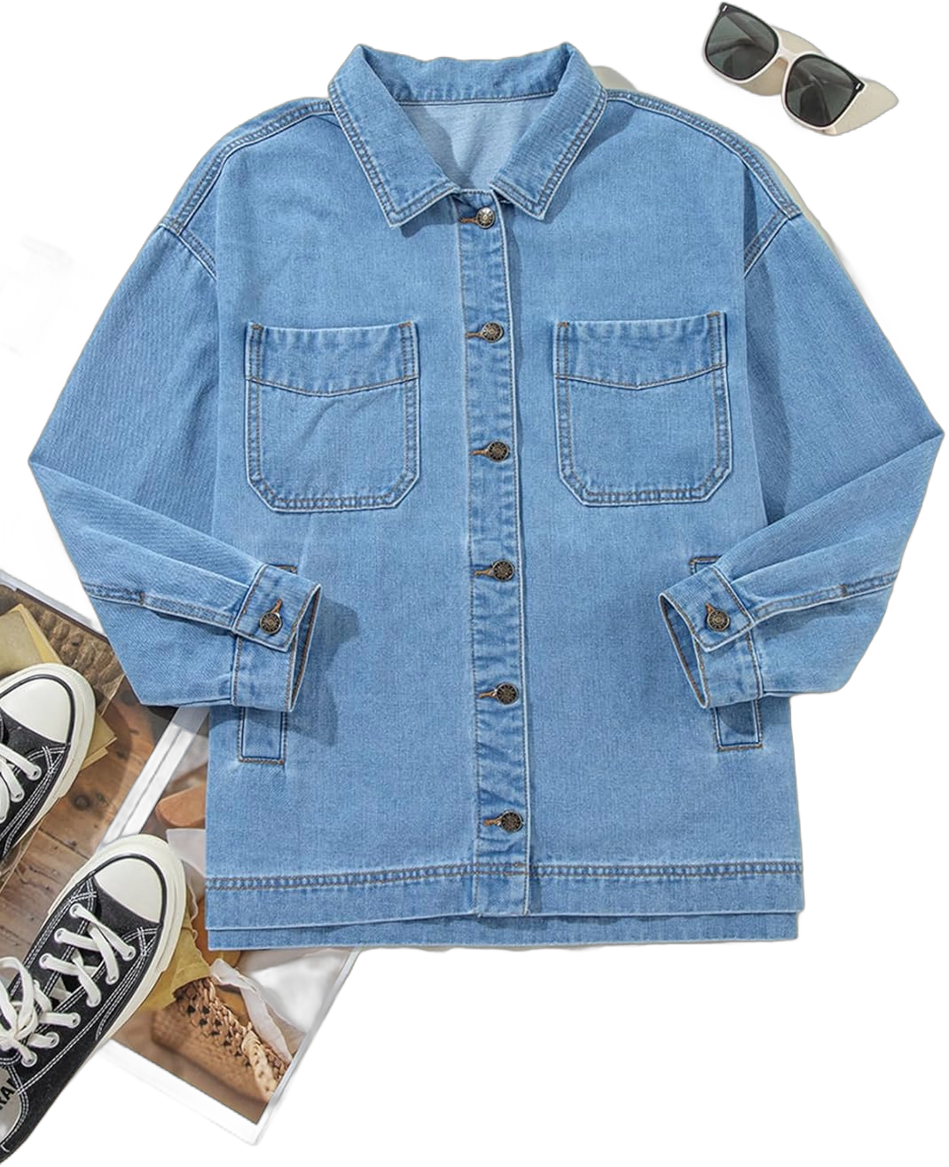 Sidefeel Women's Jean Jacket Oversized Boyfriend Button Up Long Sleeve Split Denim Jackets XX-Large Sky Blue