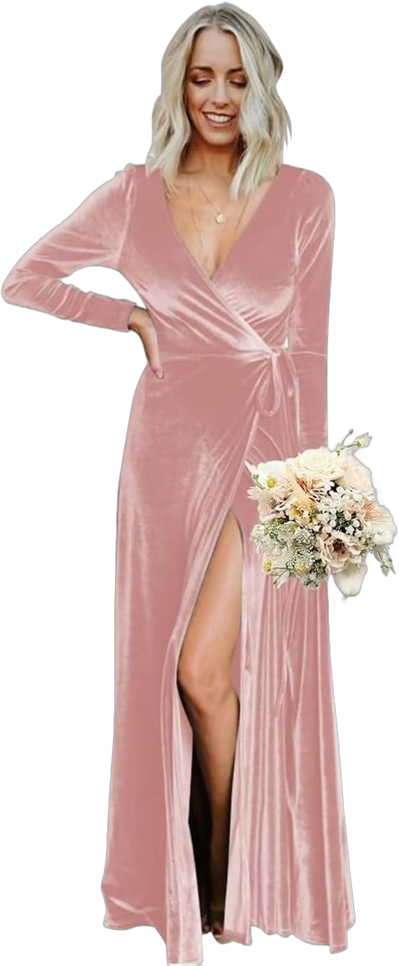 Velvet Bridesmaid Dresses for Women Long Sleeve V Neck Formal Evening Gowns with Slit 6 Dusty Pink